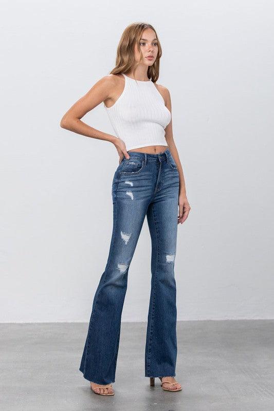 Mid Rise Dark Wash Flare Leg Jeans - Leo’s Look Your Best