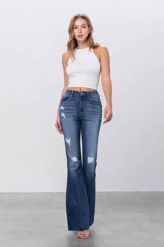 Mid Rise Dark Wash Flare Leg Jeans - Leo’s Look Your Best