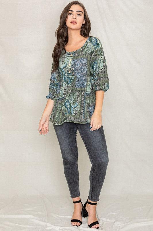Plus Button Accent Paisley Top - Leo’s Look Your Best