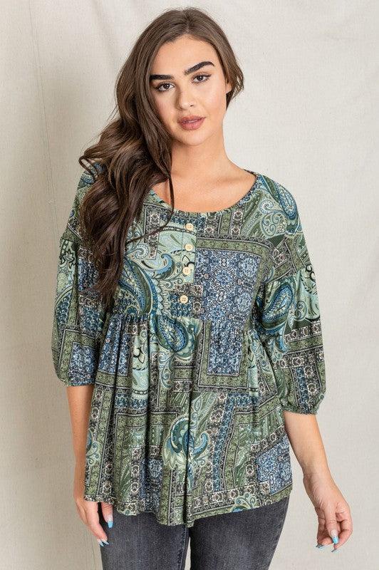 Plus Button Accent Paisley Top - Leo’s Look Your Best