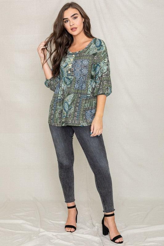 Plus Button Accent Paisley Top - Leo’s Look Your Best