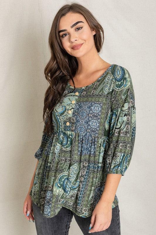 Plus Button Accent Paisley Top - Leo’s Look Your Best