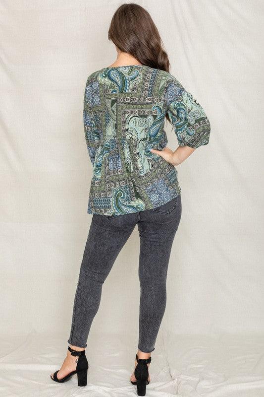 Plus Button Accent Paisley Top - Leo’s Look Your Best