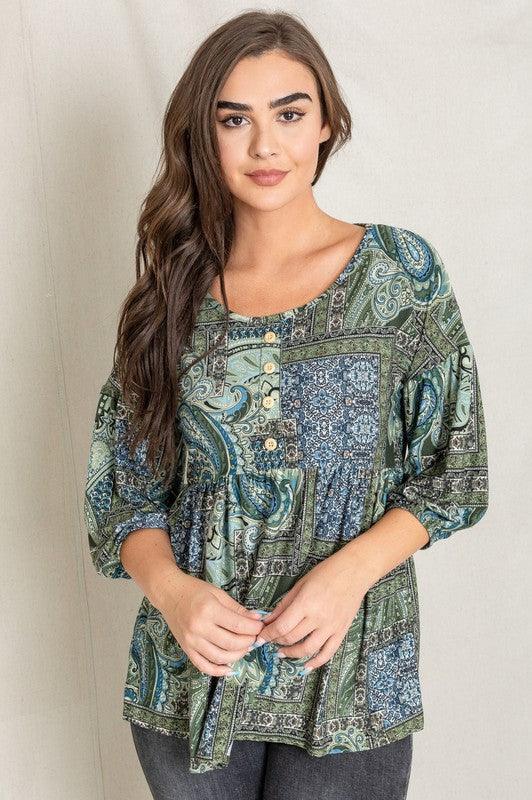 Plus Button Accent Paisley Top - Leo’s Look Your Best