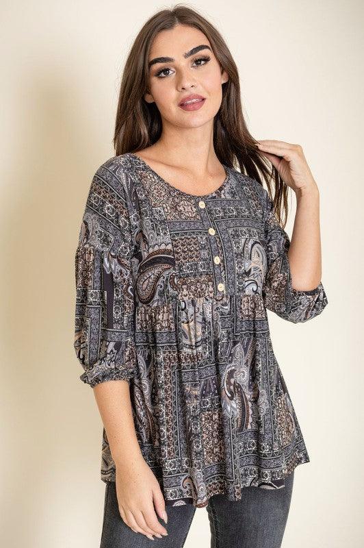 Button Accent Paisley Top - Leo’s Look Your Best