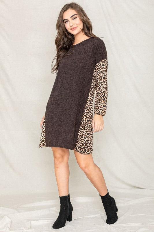 Plus Bishop Sleeve Leopard Print Color Block Dress - Leo’s Look Your Best