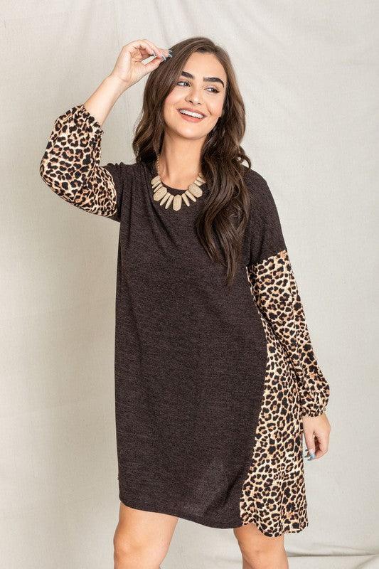 Plus Bishop Sleeve Leopard Print Color Block Dress - Leo’s Look Your Best