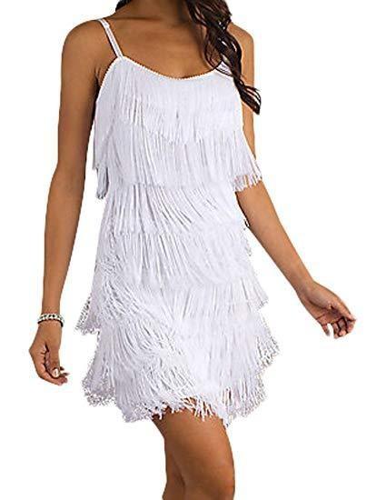 White fringe dress worn by a model on a white background