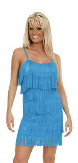Woman wearing a blue fringe dress on a white background