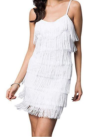 White fringe dress worn by a model on a white background