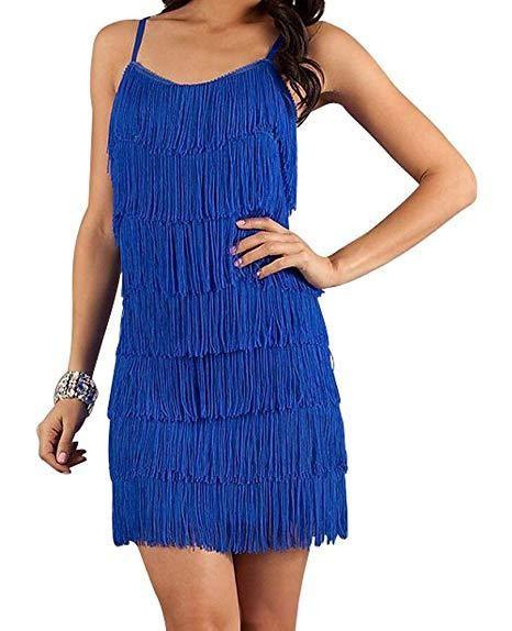 Blue fringe dress worn by a person on a white background
