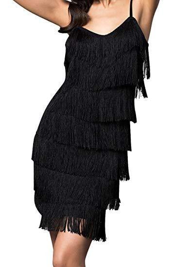 Black fringe dress worn by a person on a white background
