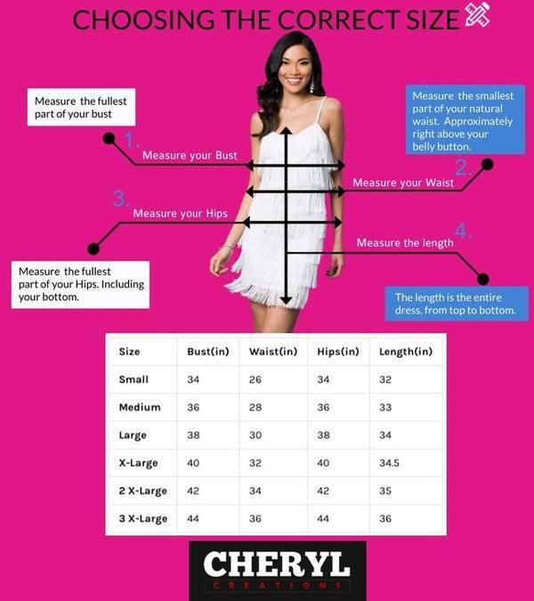 Guide on how to choose the correct size for a dress with measurements and a model wearing a white dress.