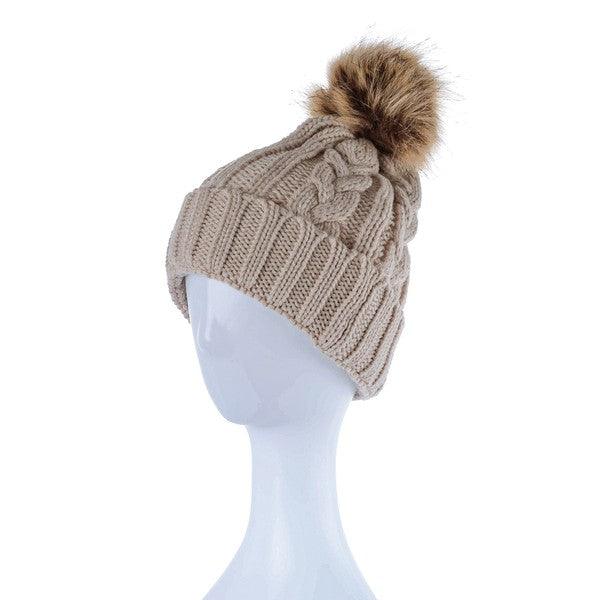 Braided Knitted Fur Pom Beanie - Leo’s Look Your Best