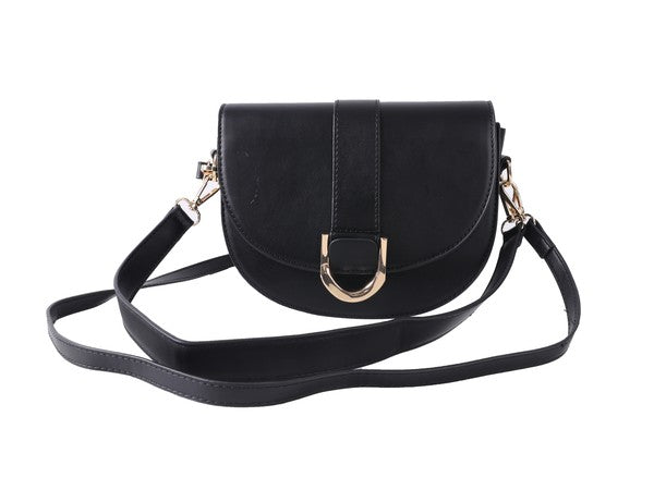 Black saddle bag with gold buckle on a white background