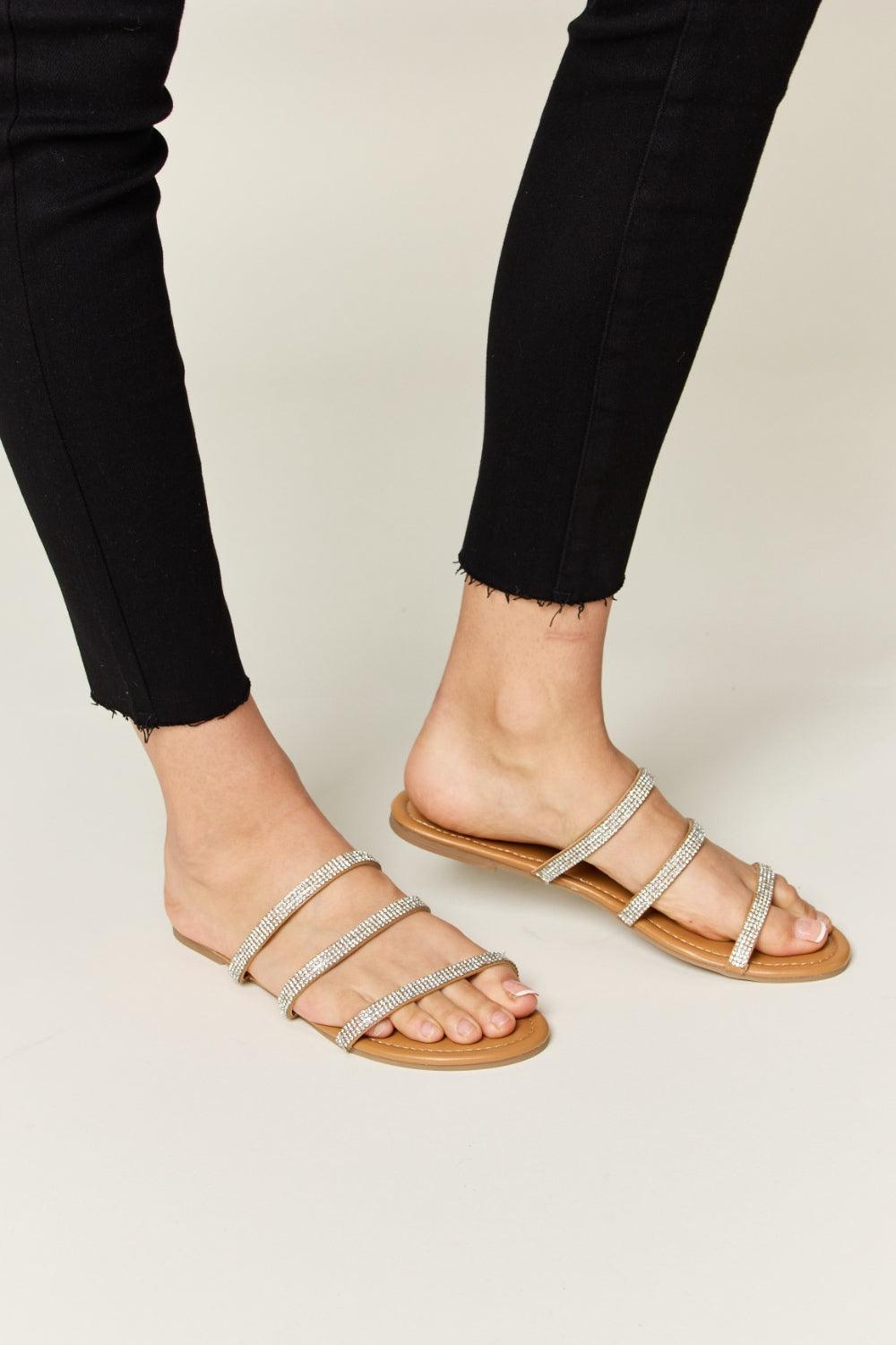 WILD DIVA Rhinestone Three-Strap Flat Sandals - Leo’s Look Your Best