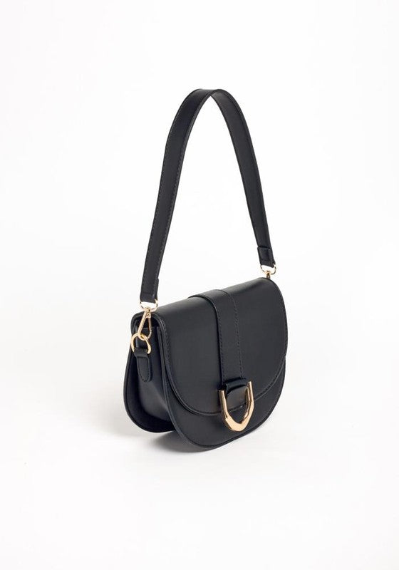 Black handbag with gold accents on a white background
