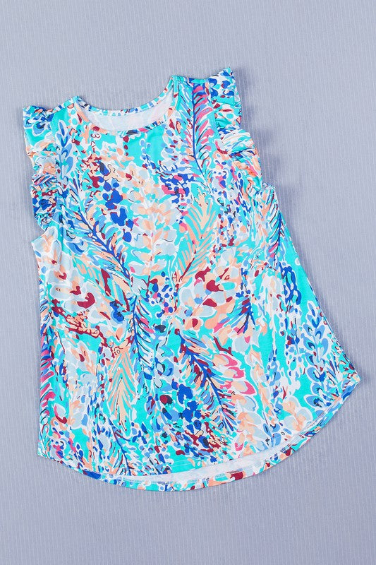 Colorful floral-patterned sleeveless top on a gray background