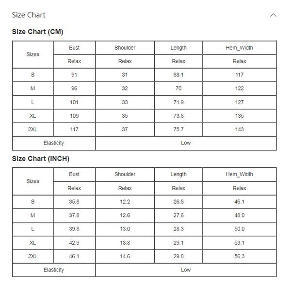 Size chart for clothing measurements in centimeters and inches.