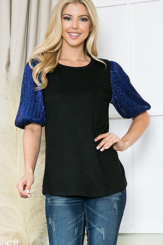 Pleat Bubble Sleeve Knit Top-Royal Blue - Leo’s Look Your Best