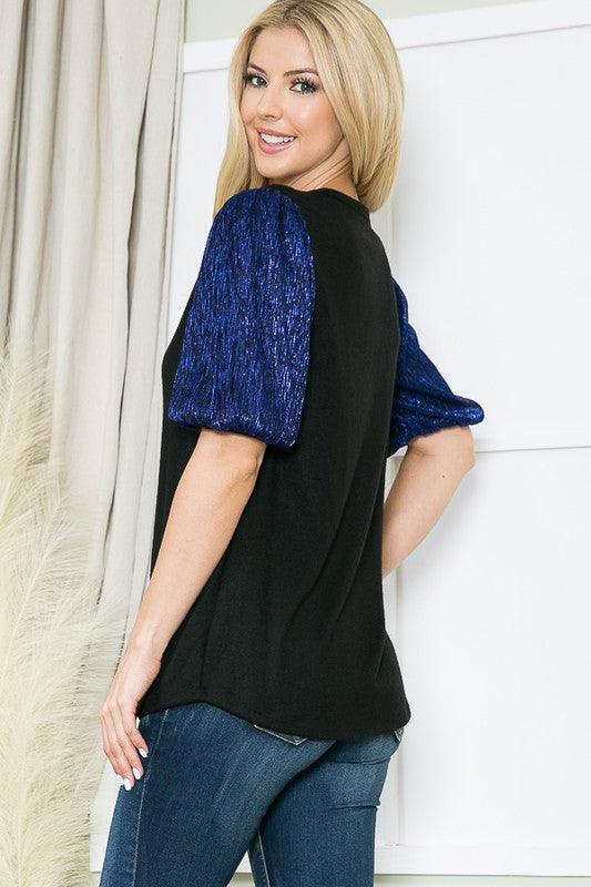 Pleat Bubble Sleeve Knit Top-Royal Blue - Leo’s Look Your Best