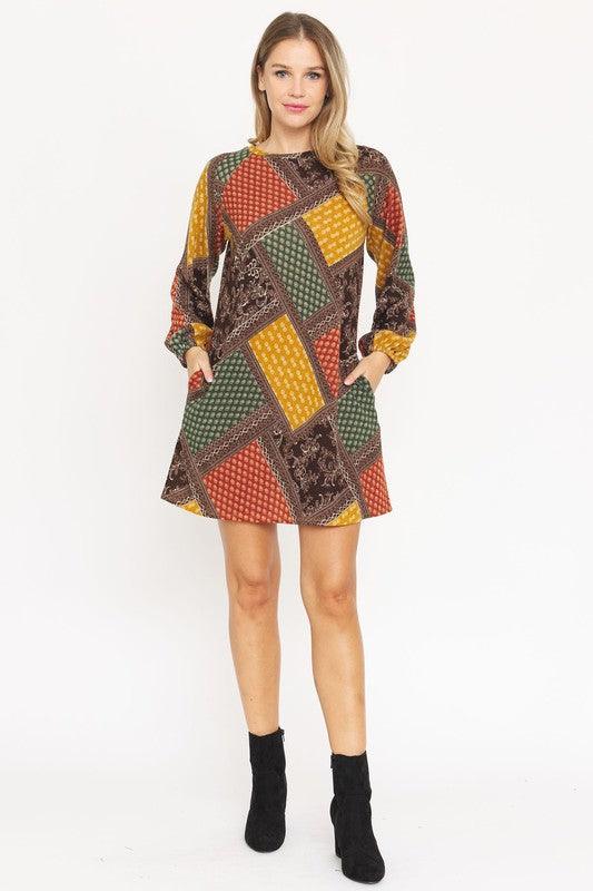 Bishop Sleeve Multi Patch Pattern Mini Dress - Leo’s Look Your Best