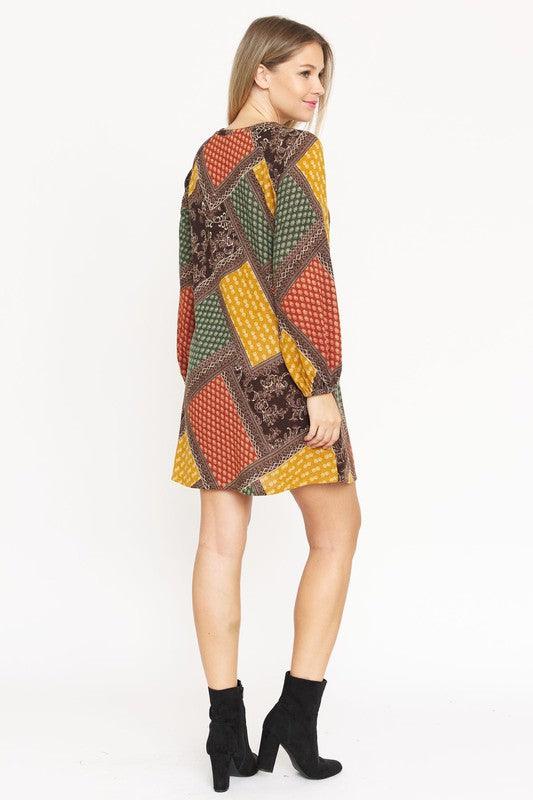 Bishop Sleeve Multi Patch Pattern Mini Dress - Leo’s Look Your Best