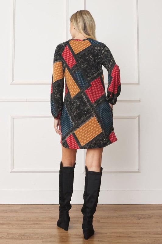 Bishop Sleeve Multi Patch Pattern Mini Dress - Leo’s Look Your Best