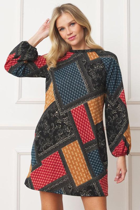 Bishop Sleeve Multi Patch Pattern Mini Dress - Leo’s Look Your Best