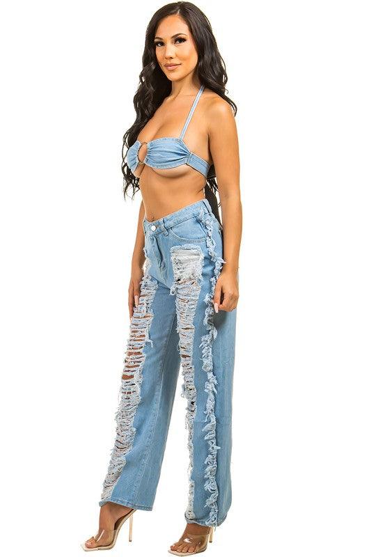 DENIM TWO PIECE PANT SET - Leo’s Look Your Best