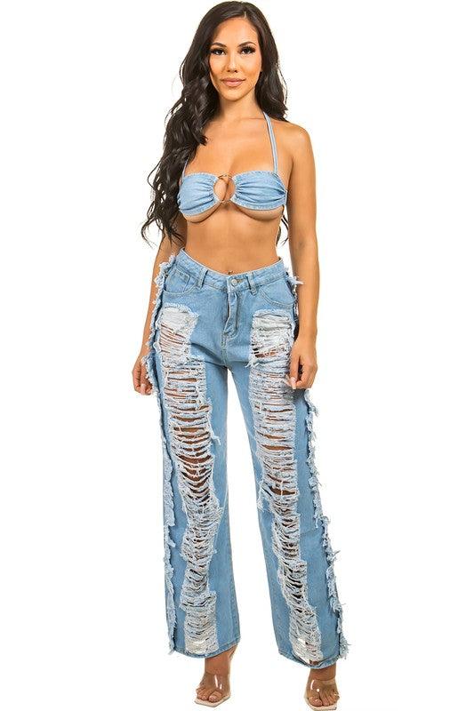 DENIM TWO PIECE PANT SET - Leo’s Look Your Best