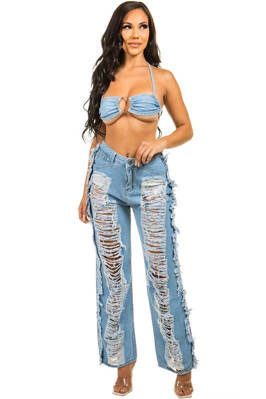 DENIM TWO PIECE PANT SET - Leo’s Look Your Best