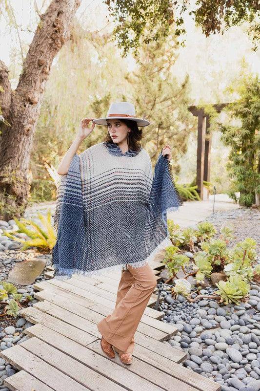 Herringbone Tweed Hooded Frayed Edge Poncho - Leo’s Look Your Best