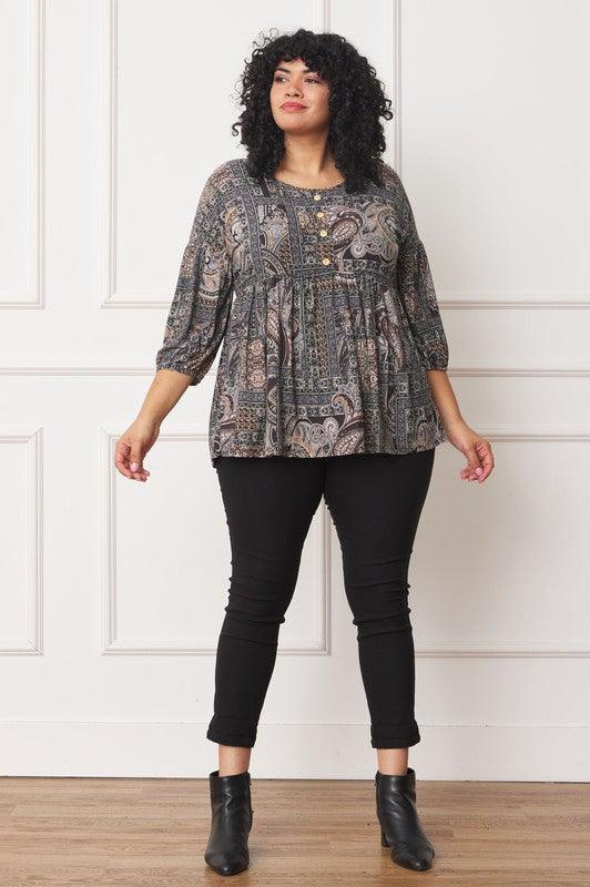 Plus Button Accent Paisley Top - Leo’s Look Your Best