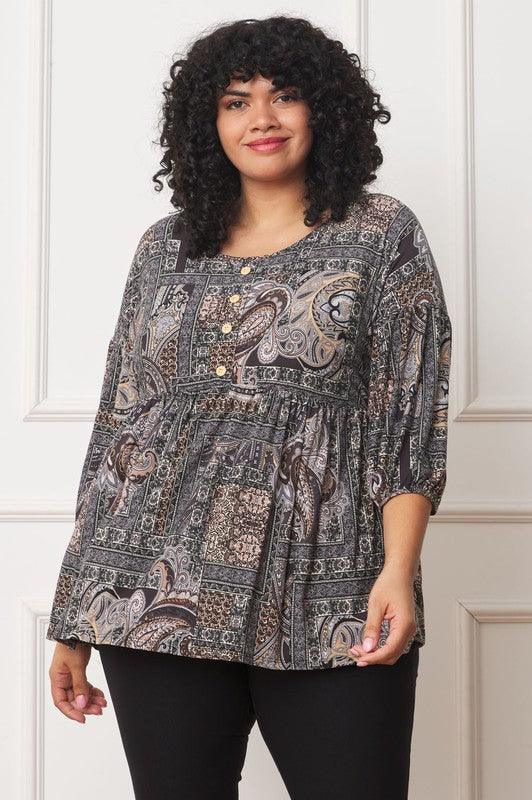 Plus Button Accent Paisley Top - Leo’s Look Your Best