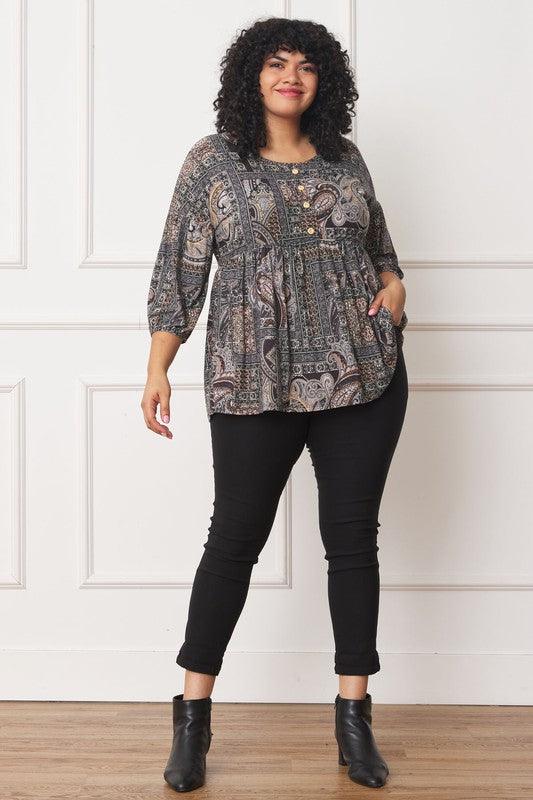 Plus Button Accent Paisley Top - Leo’s Look Your Best