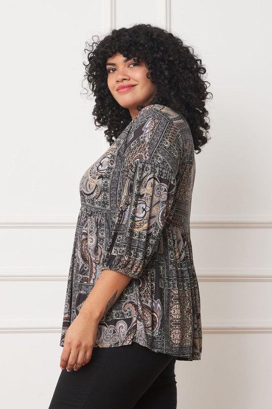 Plus Button Accent Paisley Top - Leo’s Look Your Best