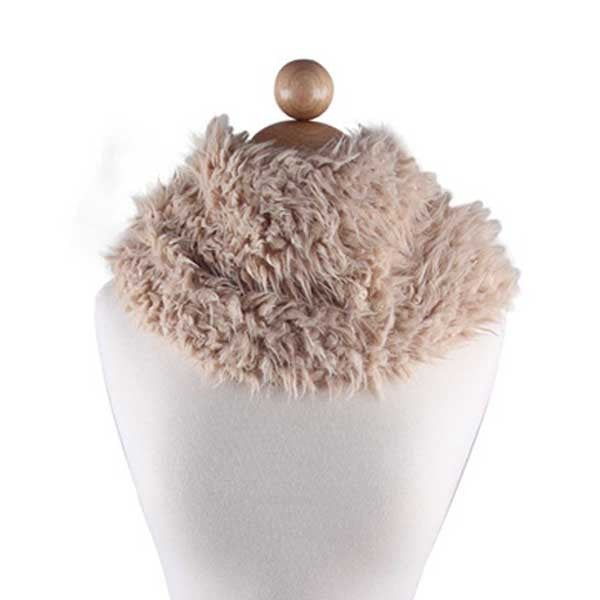 Beige fluffy scarf on a mannequin with a white background