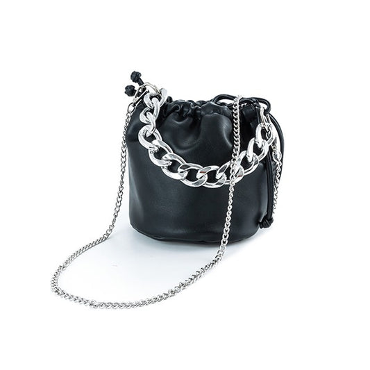 Black handbag with silver chain on a white background