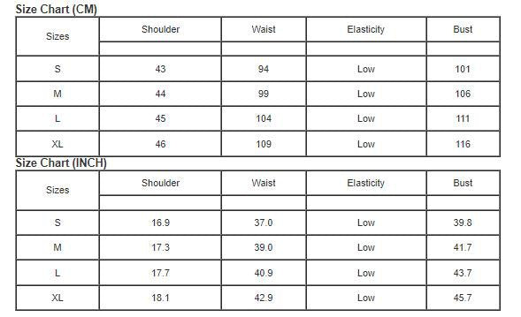 Size chart in centimeters and inches for clothing measurements.
