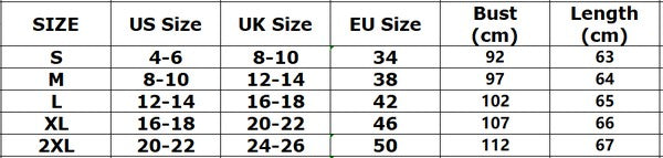 Size chart for clothing with US, UK, and EU size conversions.