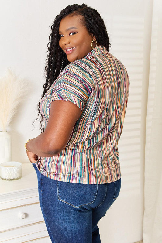 Shiny Multicolored Stripe Notched Neck Top - Leo’s Look Your Best