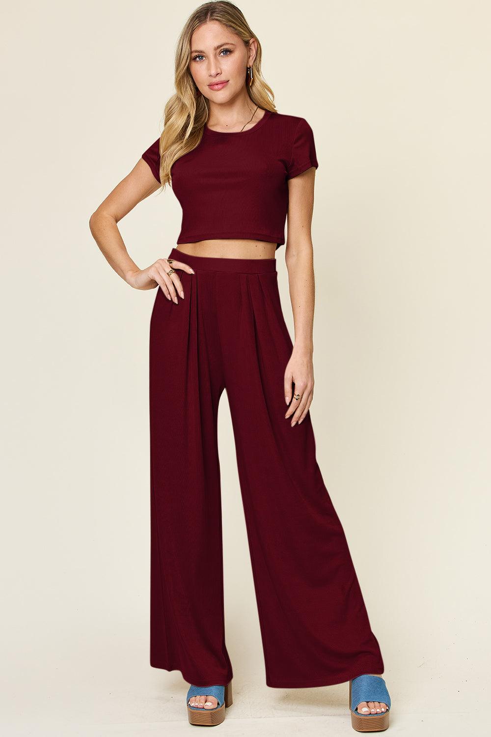 Double Take Full Size Round Neck Top and Pants Set - Leo’s Look Your Best