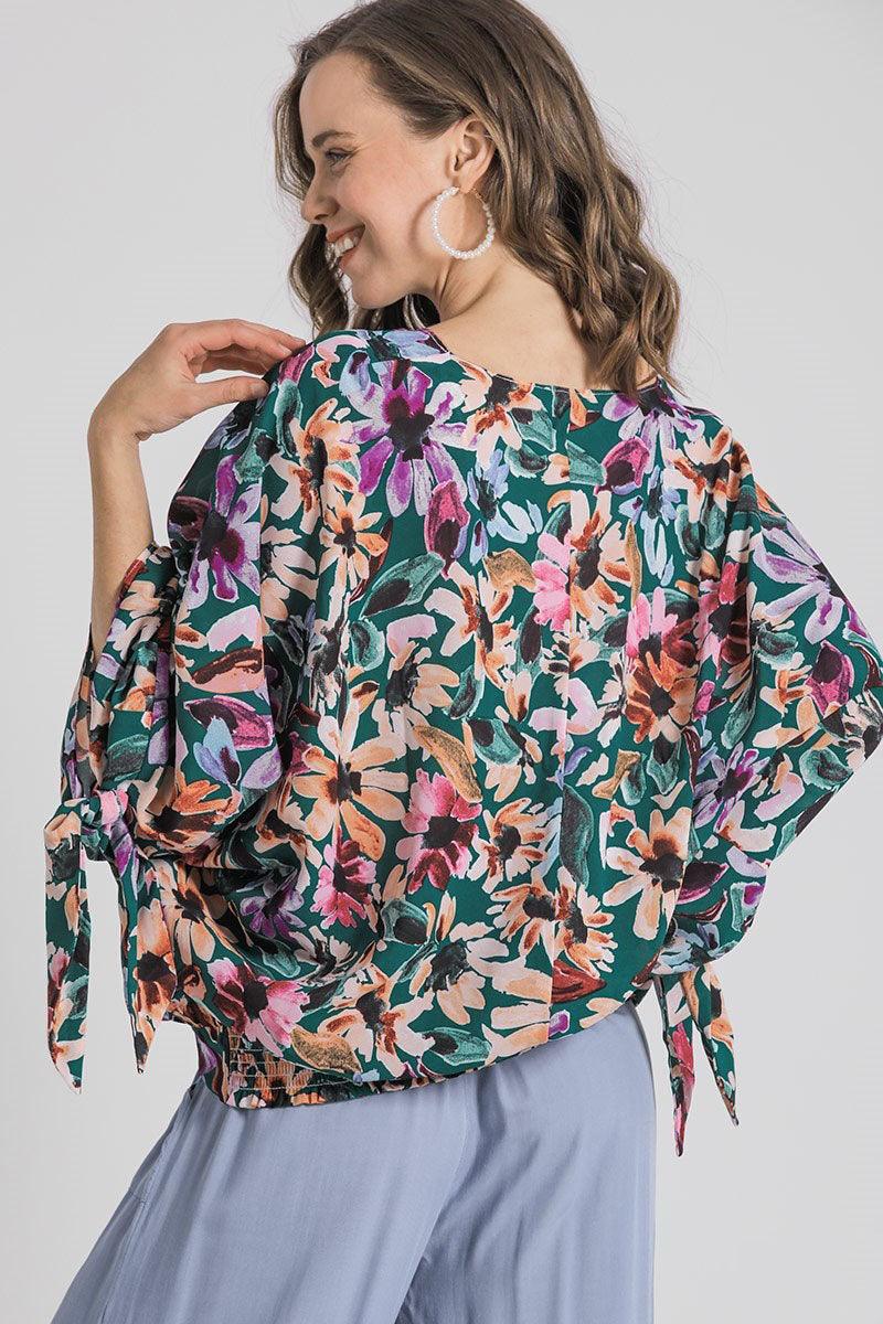 Umgee Full Size Floral V-Neck Tie Sleeve Blouse Plus Size - Leo’s Look Your Best