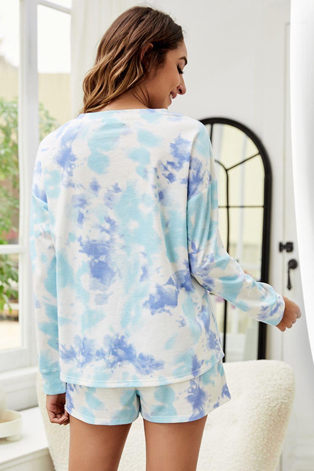 Shiny Tie-Dye Dropped Shoulder Top and Shorts Lounge Set - Leo’s Look Your Best