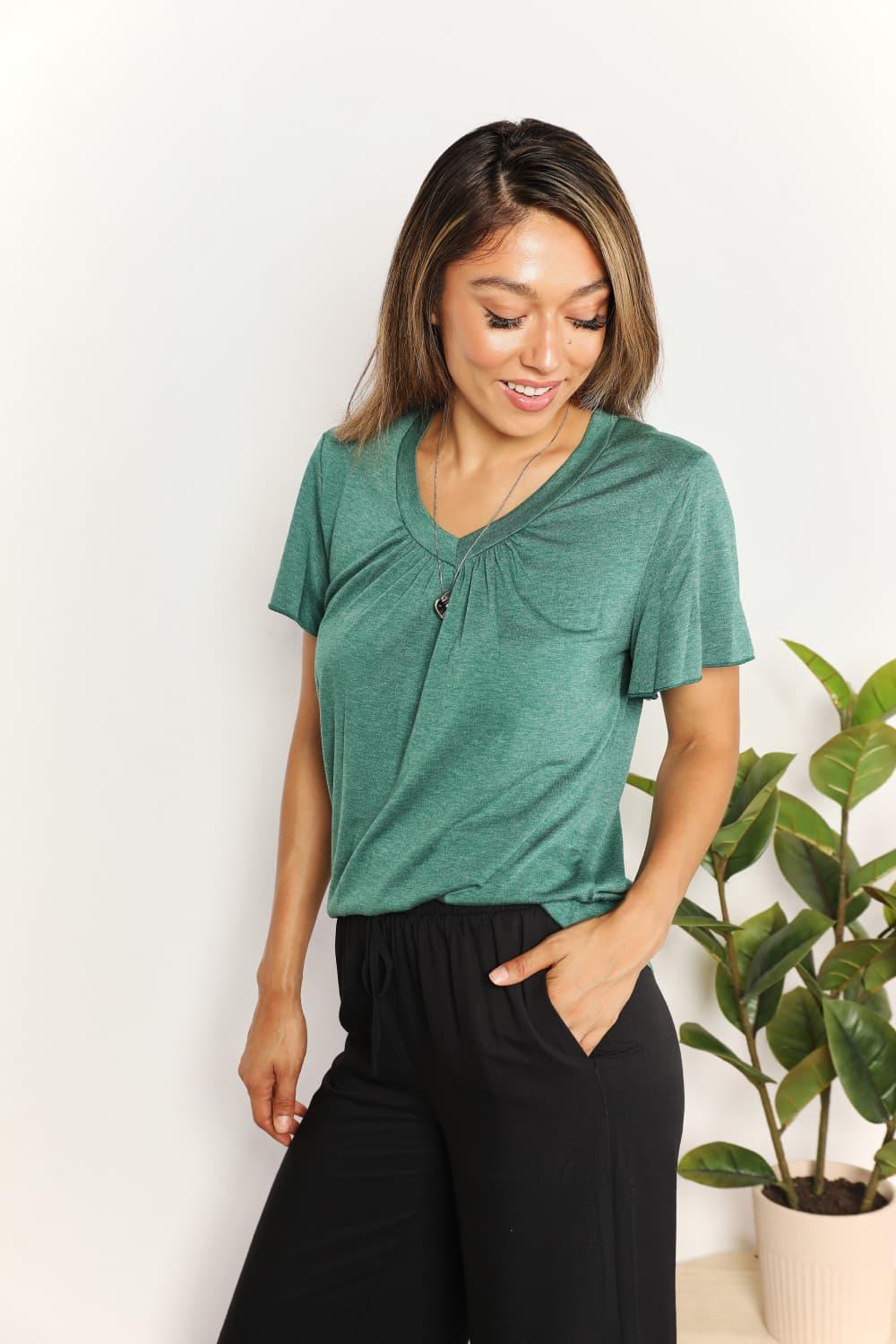 Double Take Ruched V-Neck Short Sleeve T-Shirt - Leo’s Look Your Best