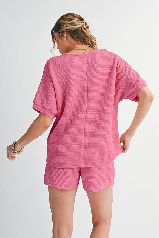 Apricot Textured V Neck T Shirt and Shorts Set