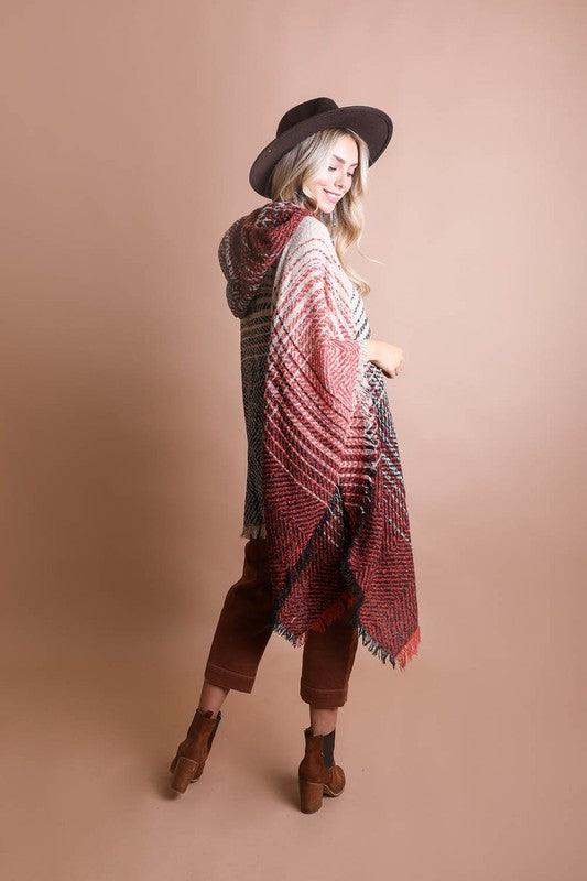 Herringbone Tweed Hooded Frayed Edge Poncho - Leo’s Look Your Best