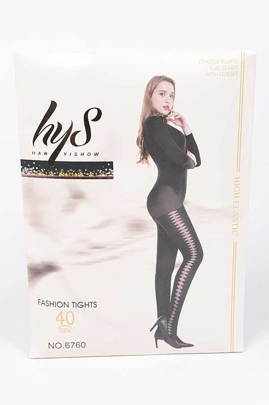HYS fashion tights packaging with a model wearing black tights on a white background