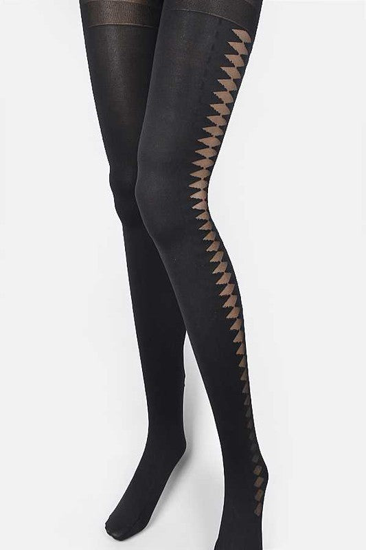 Black tights with a geometric pattern on a white background